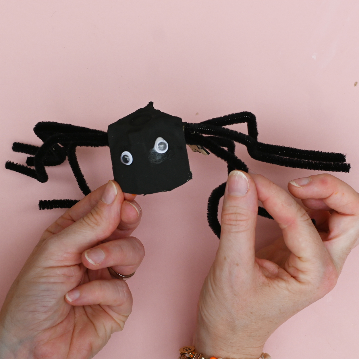 Image shows holding a black painted egg carton cut out with black pipe cleaners stuck on to create spider's legs